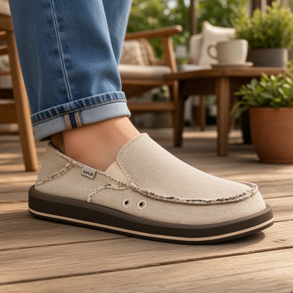 Sanuk Donny Hemp Two‑Tone Men’s Slip‑On Shoes – Natural – Size 8 D NWT